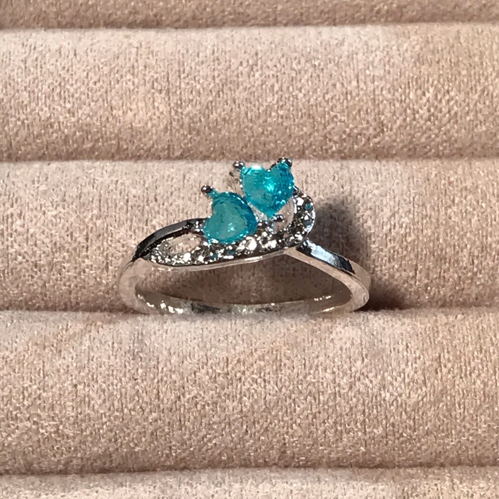 Light Blue Aquamarine Two Hearts 925 Silver Plated w/CZ’s